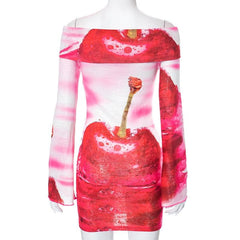 Cherry pattern contrast off shoulder long sleeve mini dress | red tango dress