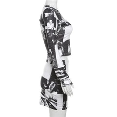 Long sleeve print crewneck mini skirt set