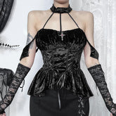 Halter velvet cross applique lace up top