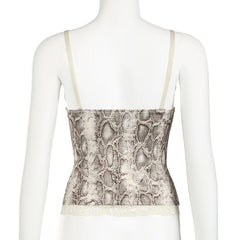 Snake print v neck lace hem cami top