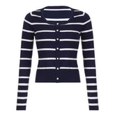 Round neck long sleeve button striped ribbed top
