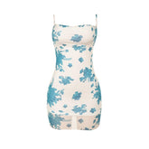 Flower print mesh lace up cami mini dress