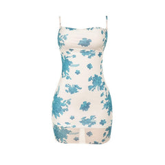 Flower print mesh lace up cami mini dress