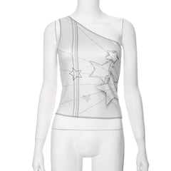 One shoulder stitch star print contrast top