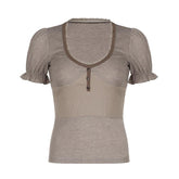 Short puff sleeve button stitch ruffle ribbed top