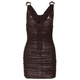 Cowl neck ruched o ring sheer mesh bowknot ribbon backless cami mini dress | samba dress