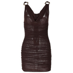 Cowl neck ruched o ring sheer mesh bowknot ribbon backless cami mini dress | samba dress