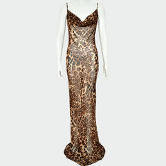 Leopard print cowl neck sheer mesh cami maxi dress | samba dress