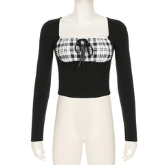 Long sleeve square neck plaid self tie top