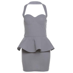 Halter ruffle v neck zip-up backless solid mini dress