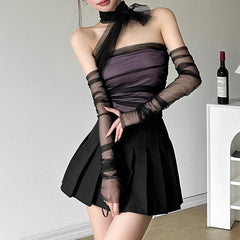 Halter off shoulder gloves mesh top