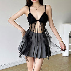 Mesh backless ruffle self tie cami top