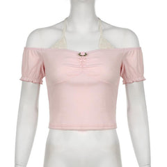 Short puff sleeve off shoulder halter ribbed top
