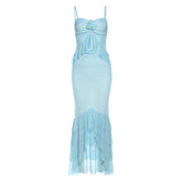 Flower applique ruffle ruched sheer mesh cami maxi skirt set