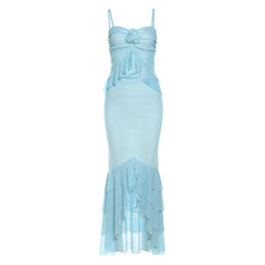 Flower applique ruffle ruched sheer mesh cami maxi skirt set