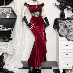 Off shoulder lace hem slit velvet metal applique ruched maxi dress | red tango dress
