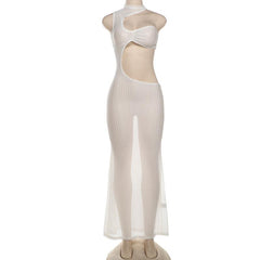 Hollow out see through one shoulder crewneck maxi dress