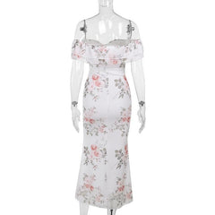 Off shoulder ruched flower print maxi dress
