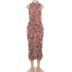 Sleeveless textured ruffle midi dress