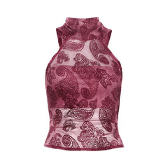 Sleeveless print high neck sheer mesh o ring top