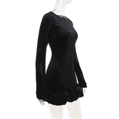 Long sleeve crewneck velvet ruffle mini dress