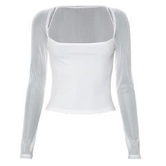 Long sleeve square neck ribbed patchwork top