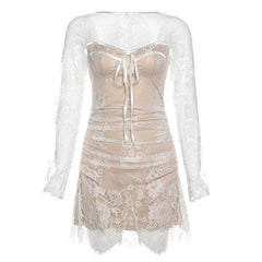 Long sleeve lace zip-up ruched mini dress