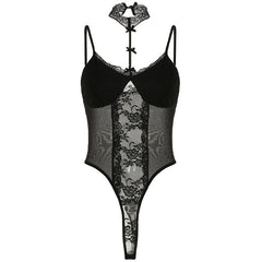 Halter lace bowknot mesh cami bodysuit