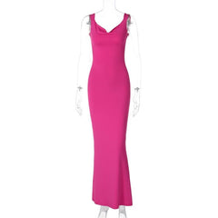 Cowl neck bowknot sleeveless backless solid maxi dress | red tango dress