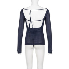 Self tie backless round neck long sleeve textured top