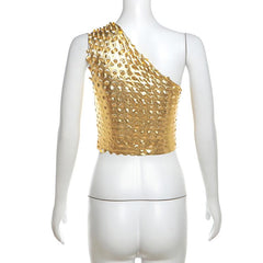 One shoulder irregular metallic textured crop top