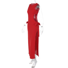 Crewneck sleeveless bowknot hollow out slit maxi dress
