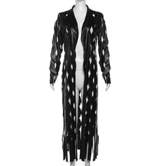 Turnover collar hollow out PU leather long sleeve coat cut out top