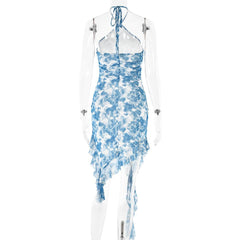 Halter ruffle tie dye irregular backless mini dress