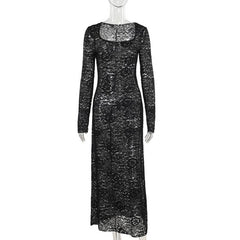 Long sleeve u neck lace slit maxi dress
