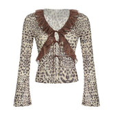 Long sleeve mesh lace hem leopard print self tie top