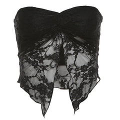 Lace ruched slit ruffle solid tube top