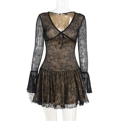 V neck long sleeve lace bowknot mini dress