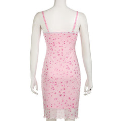 Bowknot mesh print ruffle v neck cami midi dress