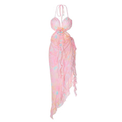 Halter flower applique ruffle backless slit maxi dress | red tango dress