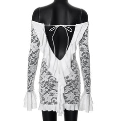 Long flared sleeve lace up lace see through mini dress