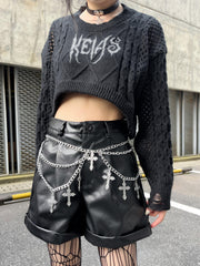 PU leather metal chain short pant