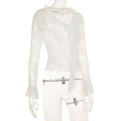 Long sleeve ruffle lace see through top