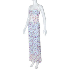 Print ruched high slit sweetheart neck mesh cami maxi skirt set