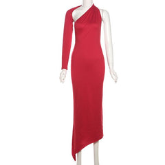 Long sleeve halter irregular one shoulder maxi dress | red tango dress