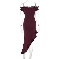 Short sleeve off shoulder ruffle irregular midi dress | red tango dress
