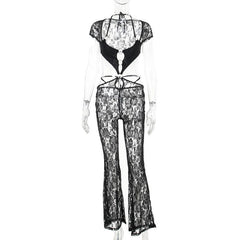 Short sleeve halter o ring lace hollow out jumpsuit