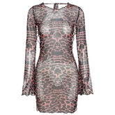 Sheer mesh leopard print contrast see through self tie backless mini dress | samba dress