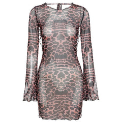Sheer mesh leopard print contrast see through self tie backless mini dress | samba dress
