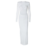 Long sleeve crewneck padded hollow out slit maxi dress